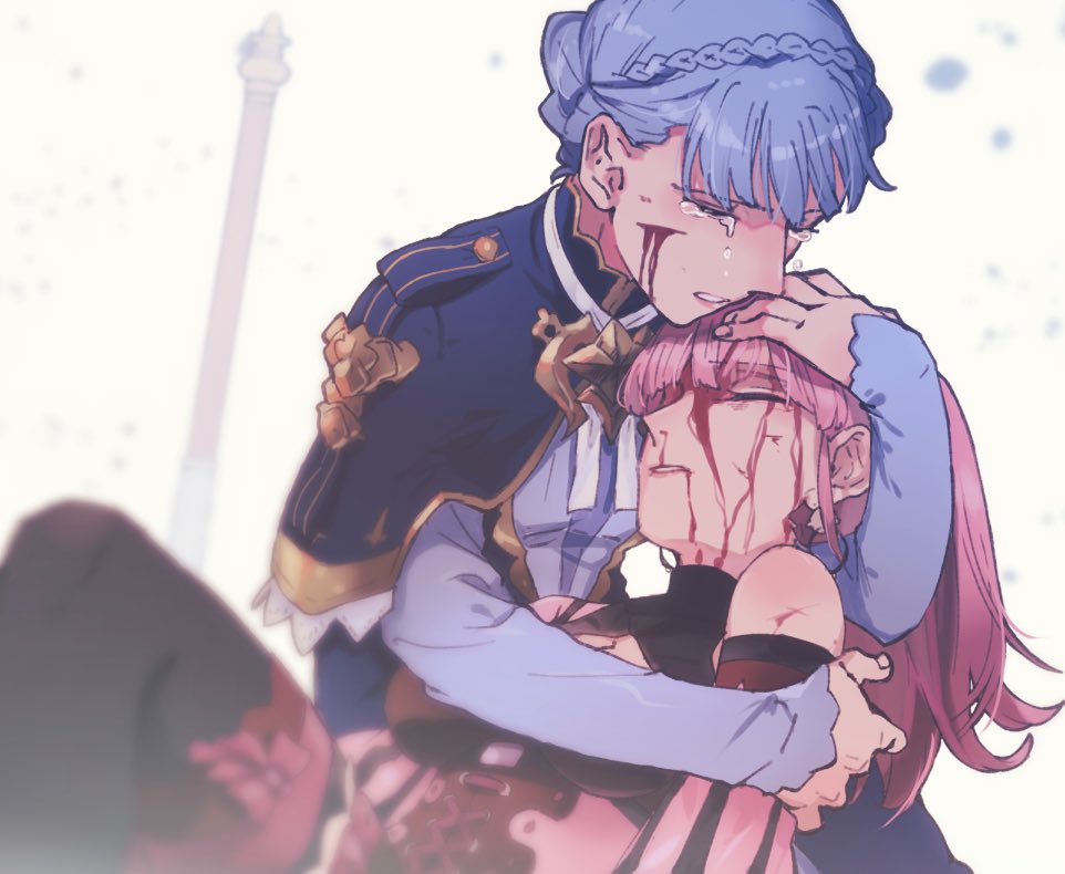 2girls, blood, blue_hair, braid, closed_eyes, crown_braid, crying, depressed