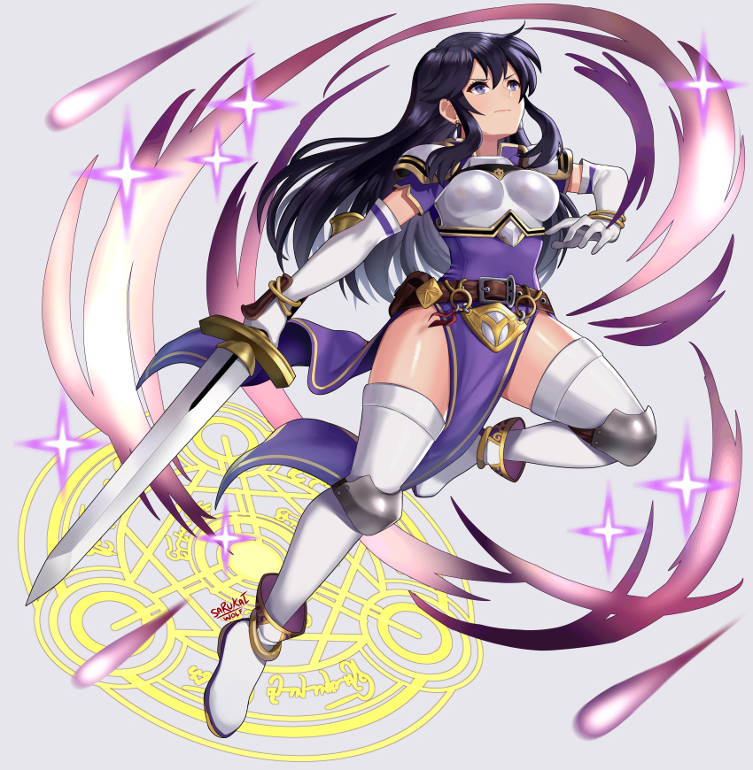 1girl, absurdres, armor, armored_boots, arms_up, artist_name, ayra_(fire_emblem), bangs
