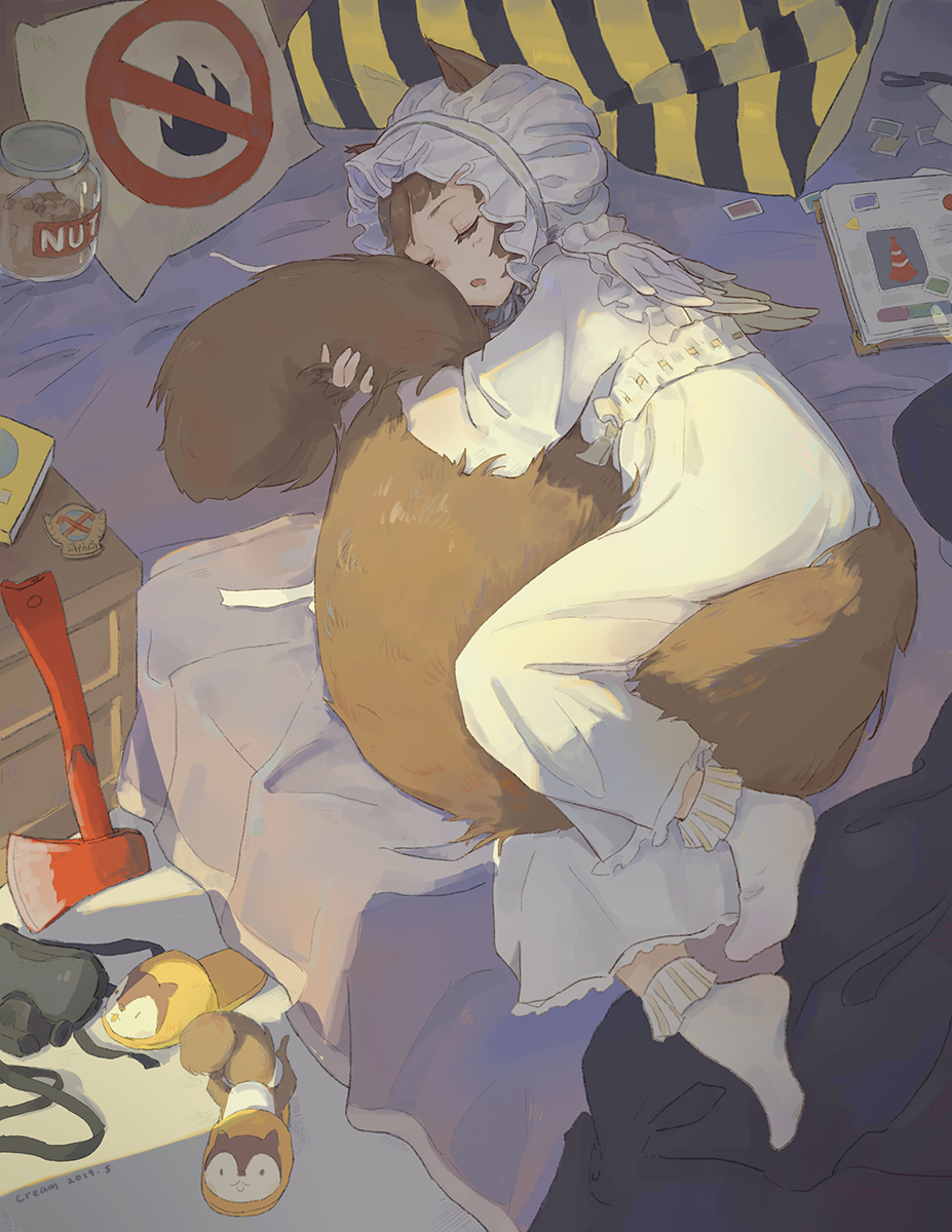 1girl, animal_ears, arknights, badge, bed, bed_sheet, between_legs, bobby_socks