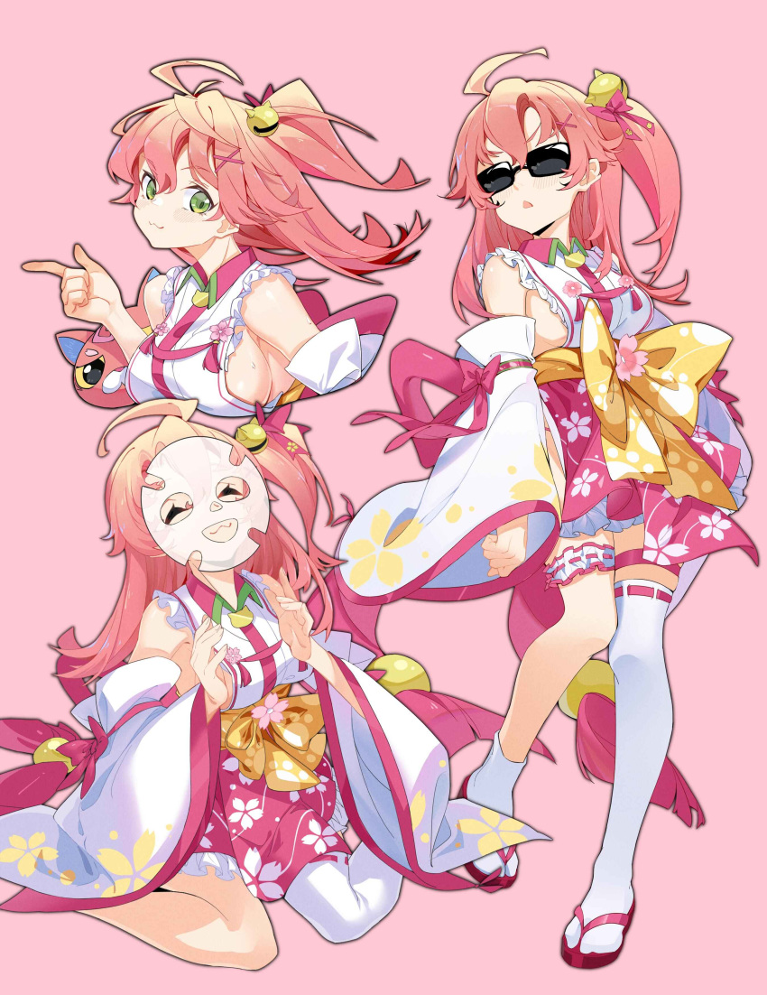 1girl, absurdres, ahoge, bell, blush, breasts, cat, cherry_blossom_print