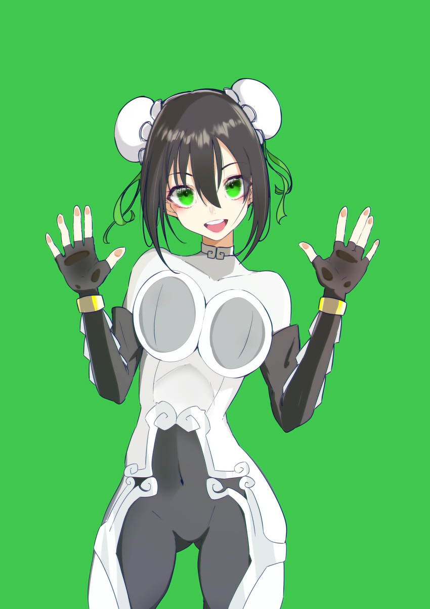 1girl, :d, against_fourth_wall, black_hair, bodysuit, breast_press, covered_navel, double_bun