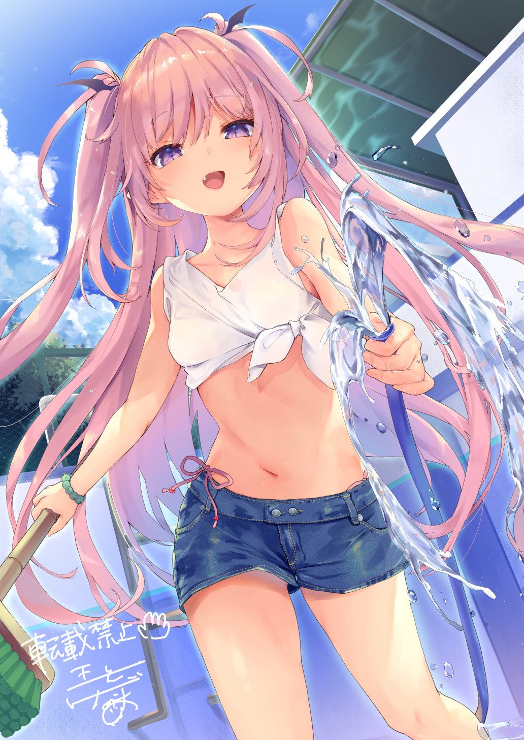 1girl, :d, bare_arms, bare_shoulders, bead_bracelet, beads, bikini, blue_shorts