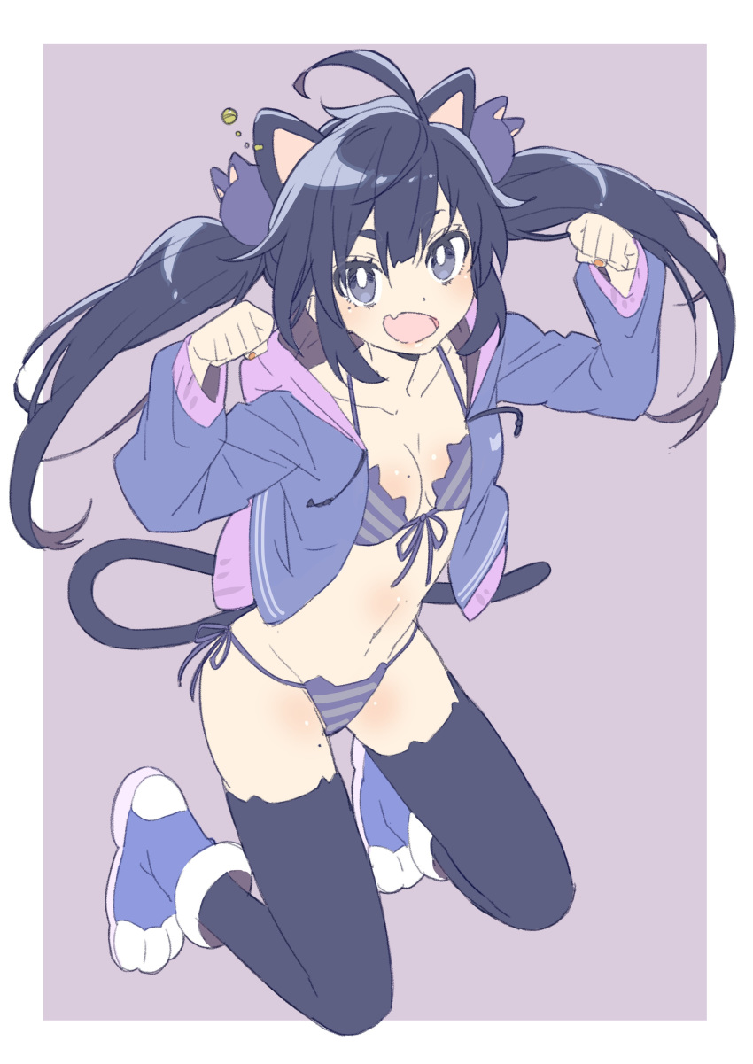 1girl, :d, absurdres, ahoge, animal_ears, bell, bikini, black_legwear