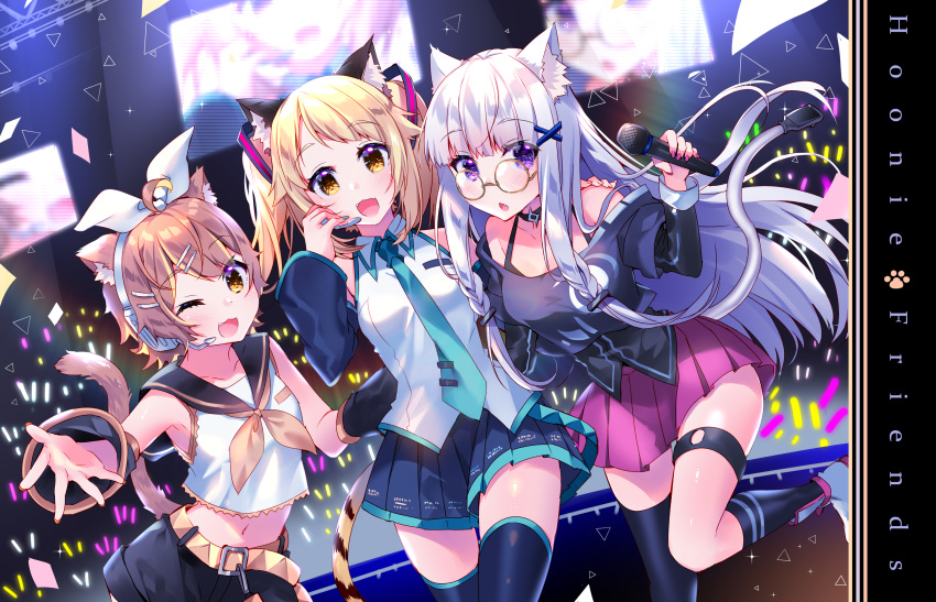 3girls, absurdres, animal_ears, armpits, bangs, bare_shoulders, blonde_hair, brown_hair