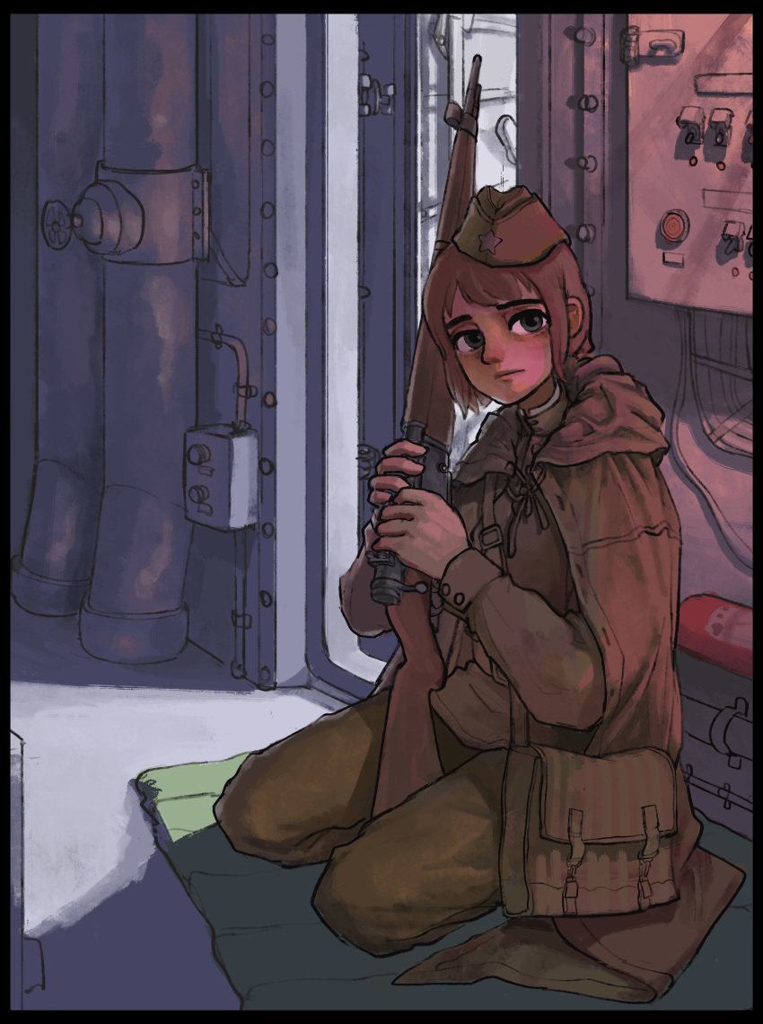 1girl, absurdres, brown_hair, cloak, commentary, english_commentary, garrison_cap, gun