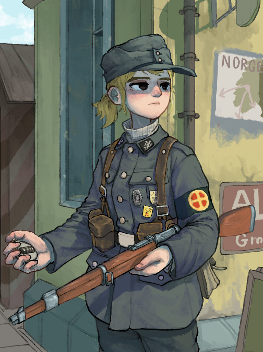 1girl, absurdres, armband, belt, blonde_hair, commentary, counter, english_commentary, gun, hat, highres, load_bearing_equipment, military, military_hat, military_uniform, norway, original, ponytail, rifle, soldier, solo, uniform, weapon, whdgus2078, world_war_ii