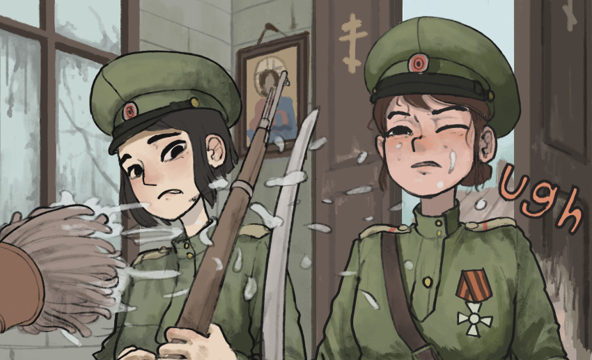 2girls, absurdres, black_hair, bolt_action, brown_hair, christianity, commentary, english_commentary