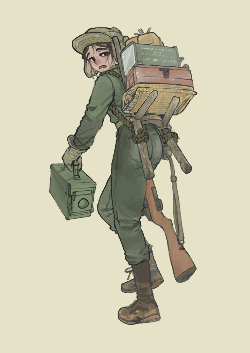 1girl, absurdres, ammo_box, carrying, commentary, english_commentary, full_body, gun