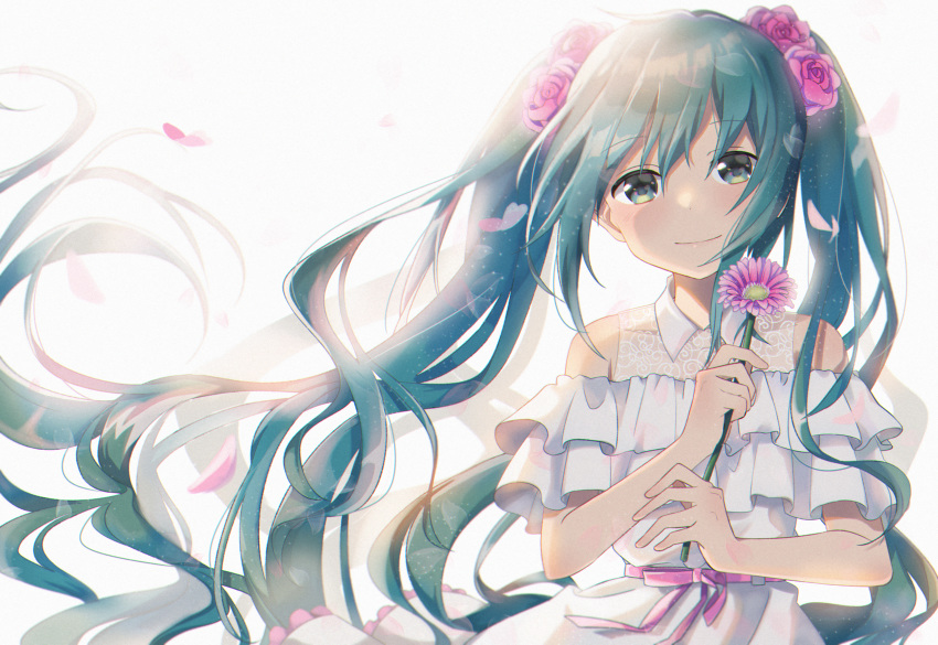 1girl, absurdres, aqua_hair, backlighting, dress, eyebrows_visible_through_hair, floating_hair, flower