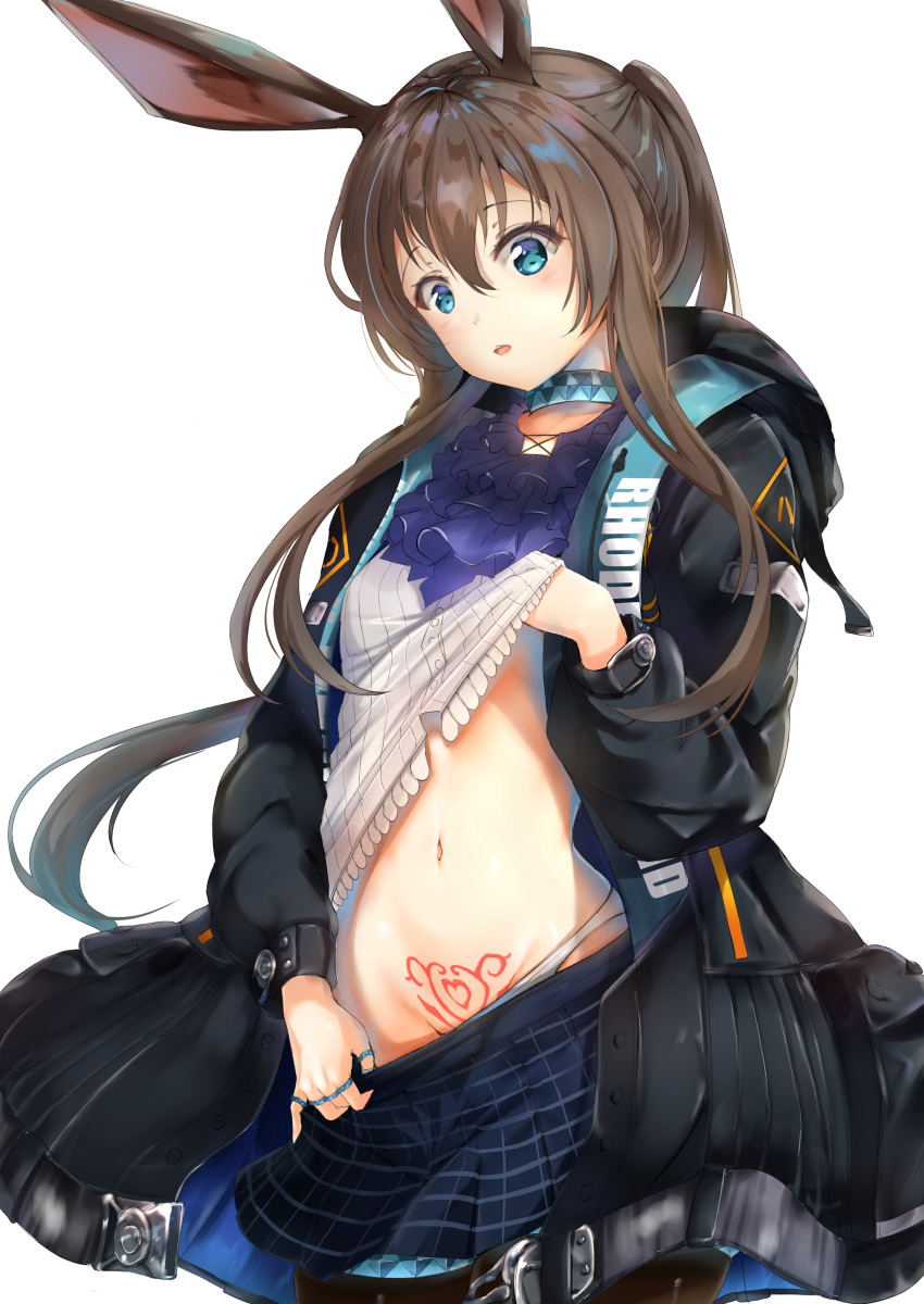 1girl, absurdres, amiya_(arknights), animal_ears, arknights, bangs, black_jacket, blue_eyes, blue_neckwear, blue_skirt, blush, brown_hair, commentary, cowboy_shot, eyebrows_visible_through_hair, hair_between_eyes, heart, heart_tattoo, highres, jacket, jewelry, kanon_(kanon_kanon0770), lifted_by_self, long_hair, long_sleeves, midriff, miniskirt, navel, neck_ring, open_clothes, open_jacket, panties, panty_tug, parted_lips, plaid, plaid_skirt, pubic_tattoo, rabbit_ears, ring, shirt, shirt_lift, sidelocks, simple_background, skirt, skirt_tug, solo, standing, stomach, tattoo, underwear, white_background, white_panties, white_shirt