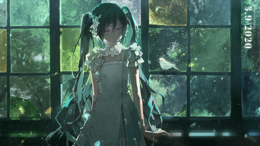1girl, 39, absurdres, alternate_costume, aqua_hair, bangs, bird, blush