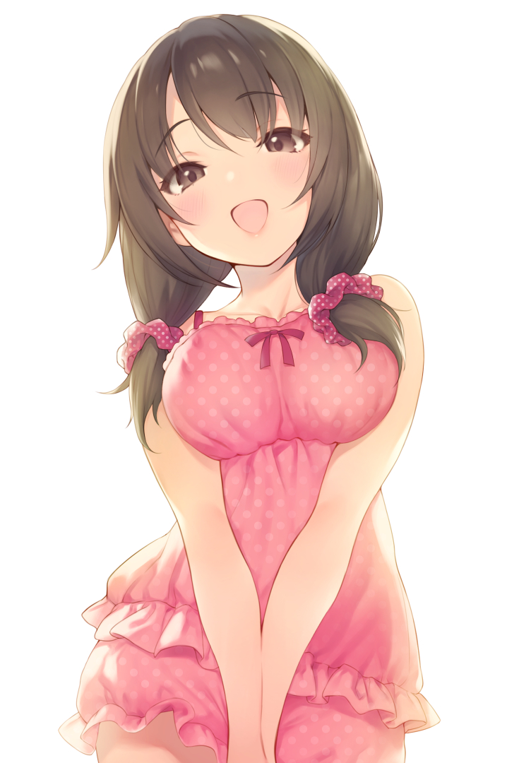 1girl, :d, bangs, bare_arms, bare_shoulders, blush, breasts, brown_eyes