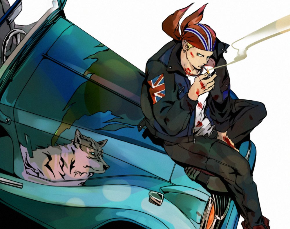 1boy, bandana, billy_kane, blonde_hair, blood, car, fatal_fury, ground_vehicle