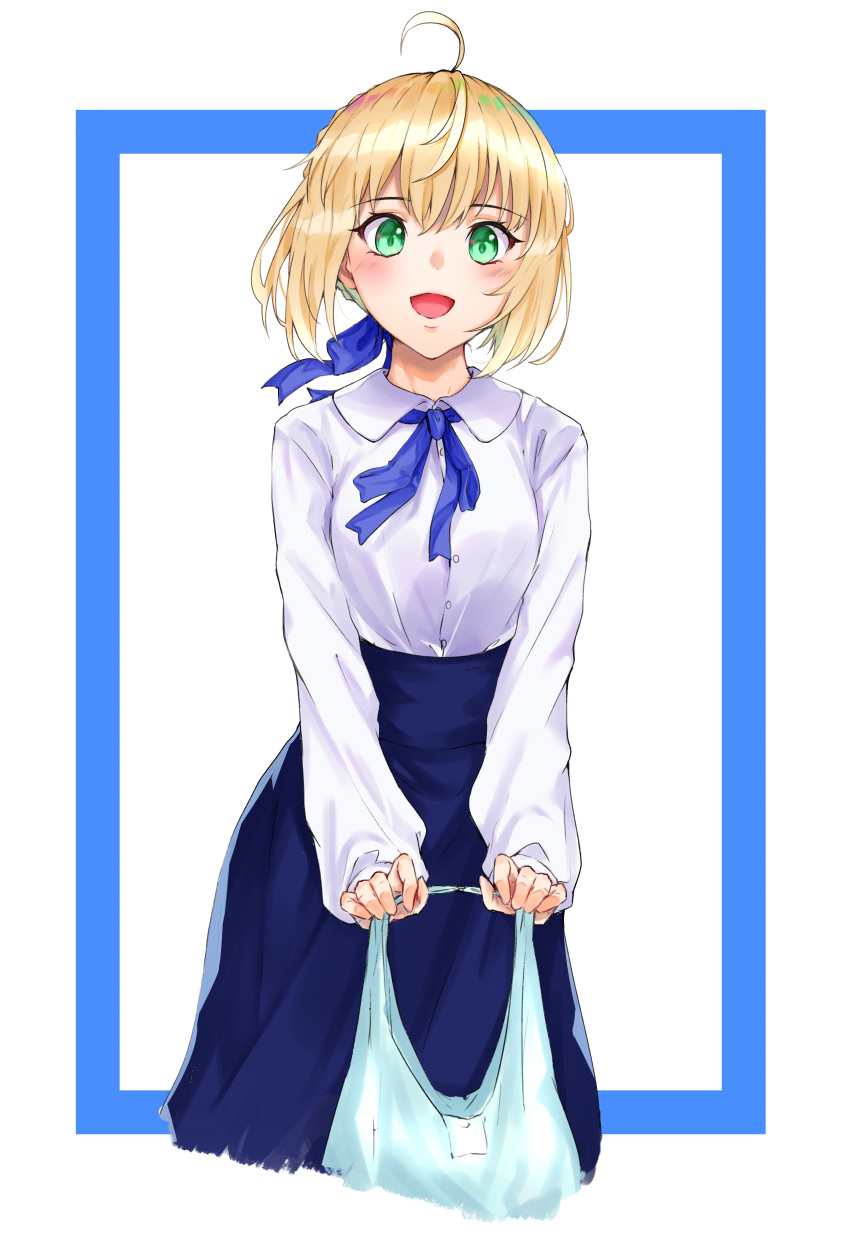 1girl, absurdres, ahoge, artoria_pendragon_(all), bag, bangs, blonde_hair, blue_skirt