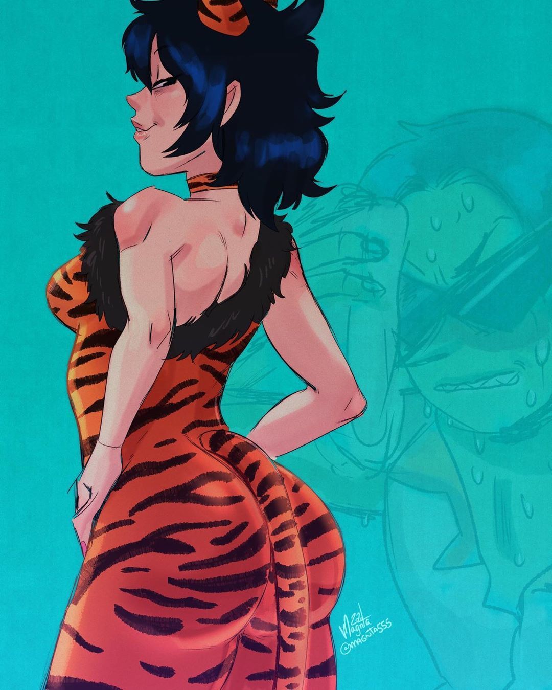 1boy, 1girl, ace_(powerpuff_girls), animal_ears, ass, bare_shoulders, black_hair, bodystocking, breasts, choker, commentary, english_commentary, fake_animal_ears, fake_tail, from_behind, gorillaz, highres, inset, kamina_shades, lips, magnta, medium_breasts, meme, noodle_(gorillaz), older, powerpuff_girls, short_hair, single_strap, sleeveless, smirk, solo_focus, standing, sunglasses, sweat, sweating_profusely, tail, thick_thighs, thighs, tiger_ears, tiger_tail