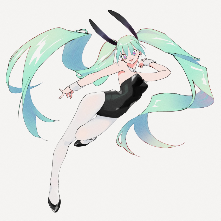 1girl, absurdres, animal_ears, aqua_hair, black_footwear, black_leotard, blue_eyes, bunnysuit, covered_navel, fake_animal_ears, fingernails, hatsune_miku, highres, leotard, long_hair, monorhea, parted_lips, rabbit_ears, simple_background, twintails, very_long_hair, vocaloid, white_background
