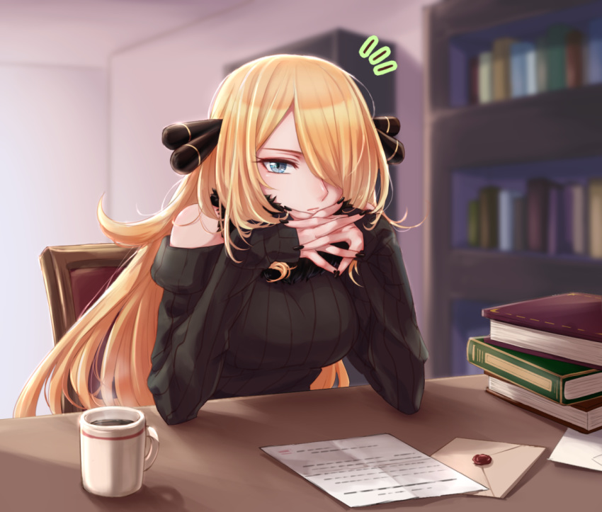1girl, akihorisu, bangs, black_nails, black_sweater, blonde_hair, blue_eyes, blurry