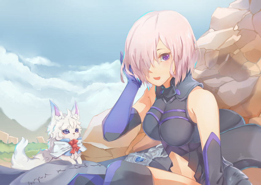 1girl, :d, absurdres, armored_leotard, black_legwear, black_leotard, blue_sky, breasts
