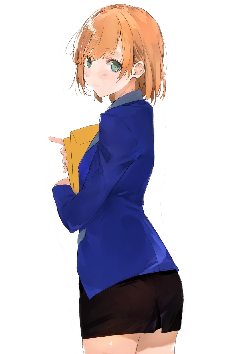 1girl, absurdres, bangs, black_skirt, blonde_hair, blue_jacket, blush, closed_mouth