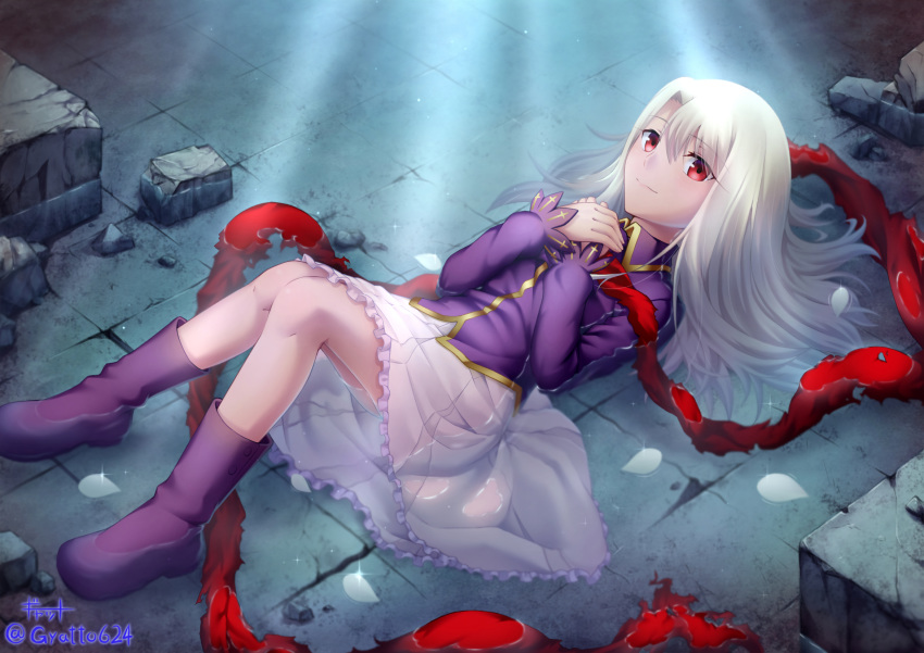 1girl, bangs, boots, closed_mouth, eyebrows_visible_through_hair, fate/stay_night, fate_(series), frilled_skirt, frills, gyatto624, hair_between_eyes, highres, illyasviel_von_einzbern, long_hair, long_sleeves, lying, medium_skirt, on_back, pleated_skirt, purple_footwear, purple_shirt, red_eyes, shirt, silver_hair, skirt, smile, solo, twitter_username, water, white_skirt