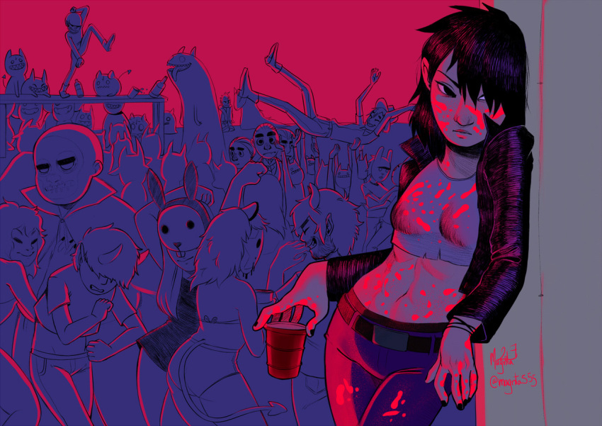 2017, against_wall, bald, belt, bunny_mask, covered_eyes, crop_top, cropped_jacket