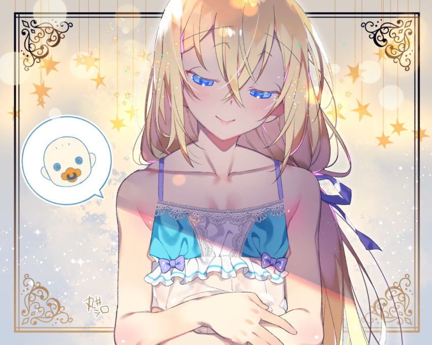 1boy, :>, akemaru, babydoll, bangs, bishounen, blonde_hair, blue_eyes, blush, crossdressinging, crossed_bangs, hair_ribbon, implied_male_pregnancy, implied_pregnancy, long_hair, male_focus, male_pregnancy, mama_(akemaru), original, otoko_no_ko, ponytail, pregnant, ribbon, signature, smile, solo, spoken_baby, spoken_character