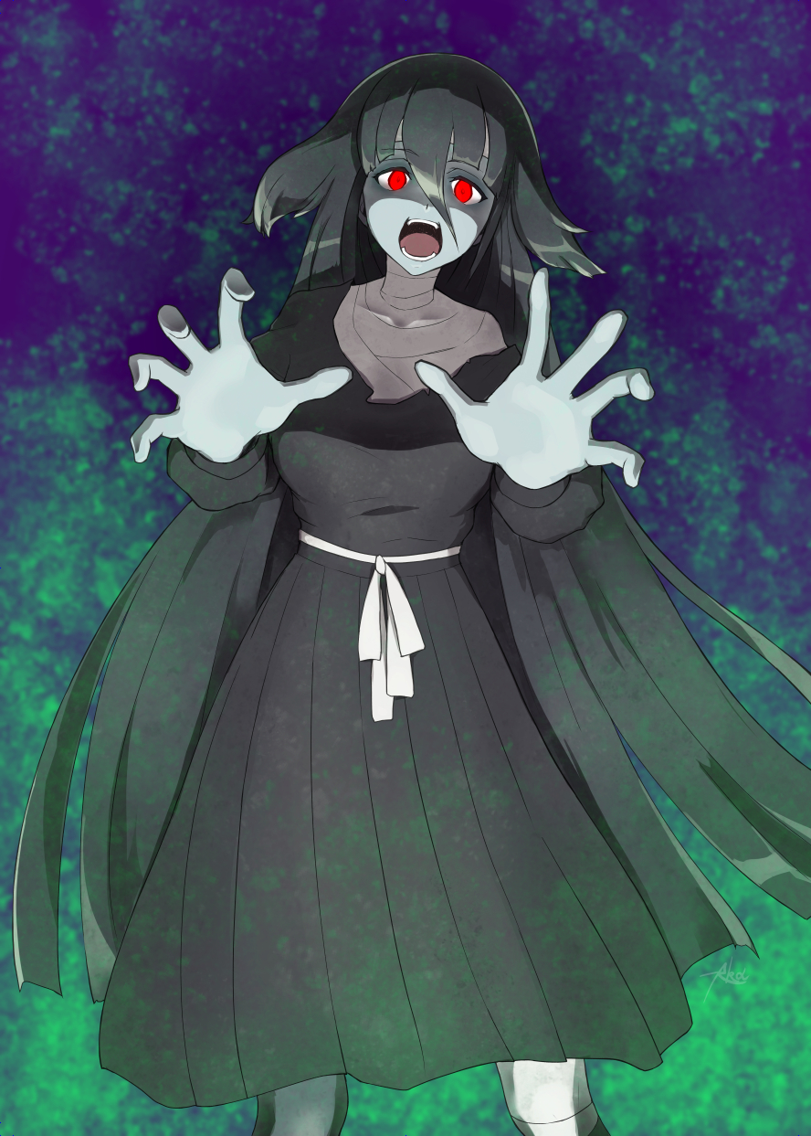 1girl, akashingo_(rotampel), bandages, black_hair, blue_skin, dress, glowing, glowing_eyes