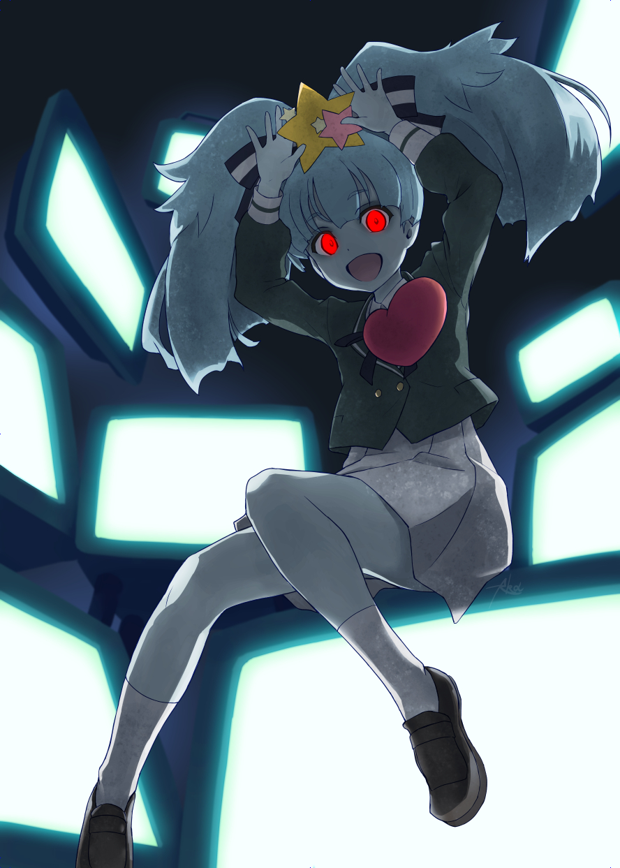 1girl, akashingo_(rotampel), arms_up, blue_hair, blue_skin, glowing, glowing_eyes, hair_ornament