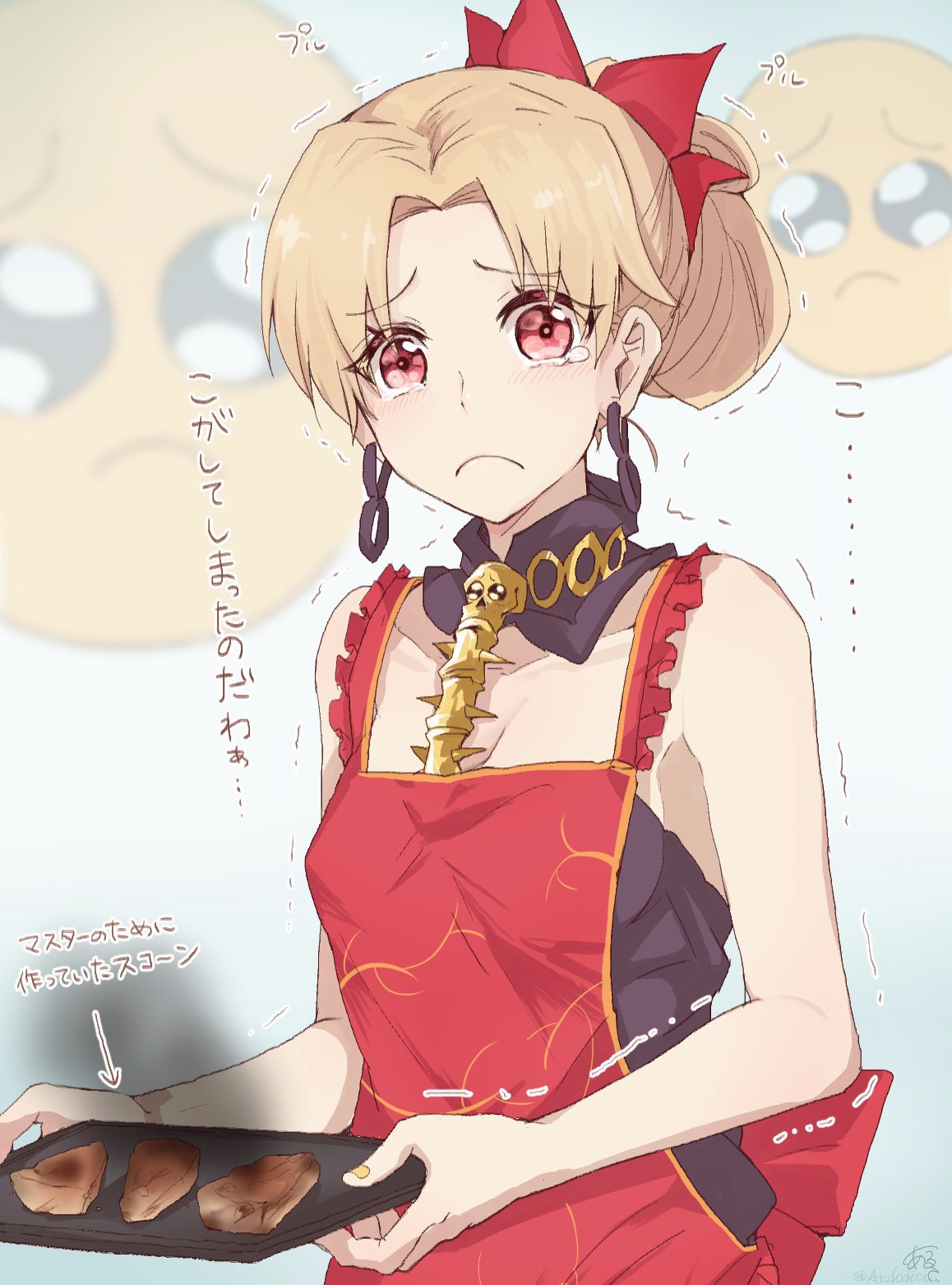 1girl, apron, aruti, blonde_hair, blue_background, breasts, burnt_food, crying, crying_with_eyes_open, earrings, emoticon, ereshkigal_(fate/grand_order), fate/grand_order, fate/stay_night, fate_(series), hair_bun, highres, jewelry, looking_at_viewer, nail_polish, red_apron, red_eyes, sad, small_breasts, solo, symbol_commentary, tears, tohsaka_rin, toosaka_rin, translated, tray, trembling, twitter_username, type-moon, upper_body, yellow_nails