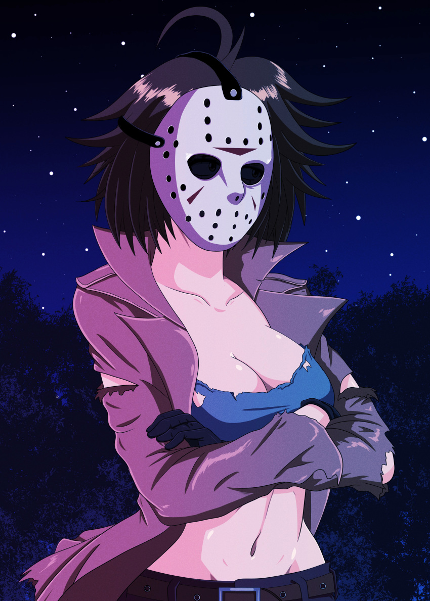 1980s_(style), absurdres, ahoge, arkan54, bishoujo_terror, black_gloves, breasts, brown_coat