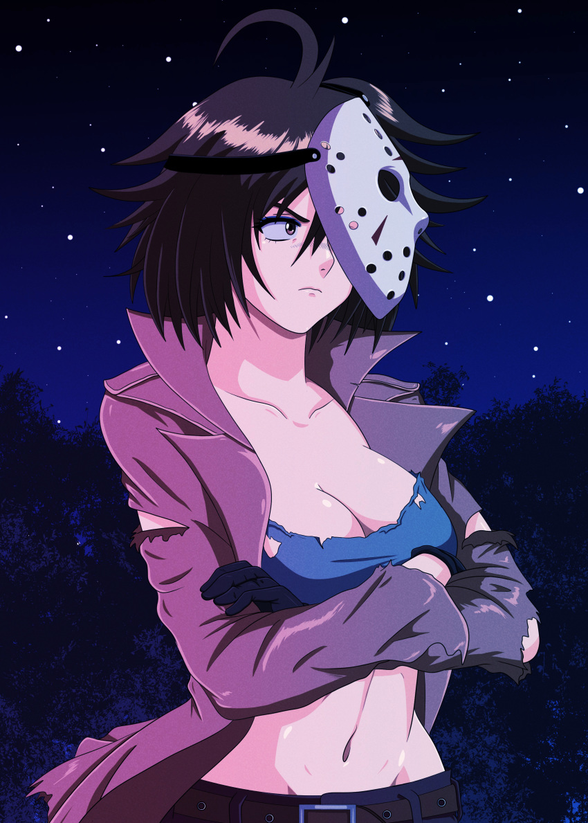 1980s_(style), 1girl, absurdres, ahoge, arkan54, bishoujo_terror, black_gloves, breasts