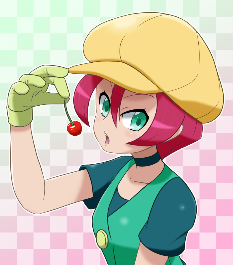 1girl, breasts, cabbie_hat, cherry, food, fruit, gloves, green_eyes