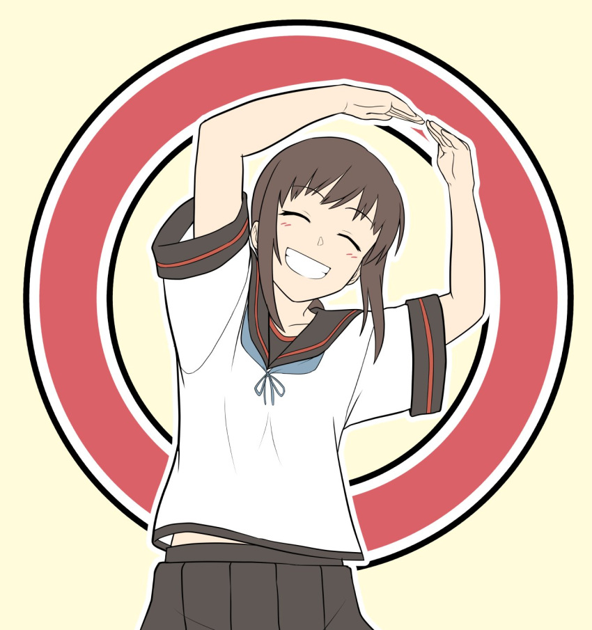 1girl, :d, blush, brown_hair, chaigidhiell, closed_eyes, fubuki_(kantai_collection), highres