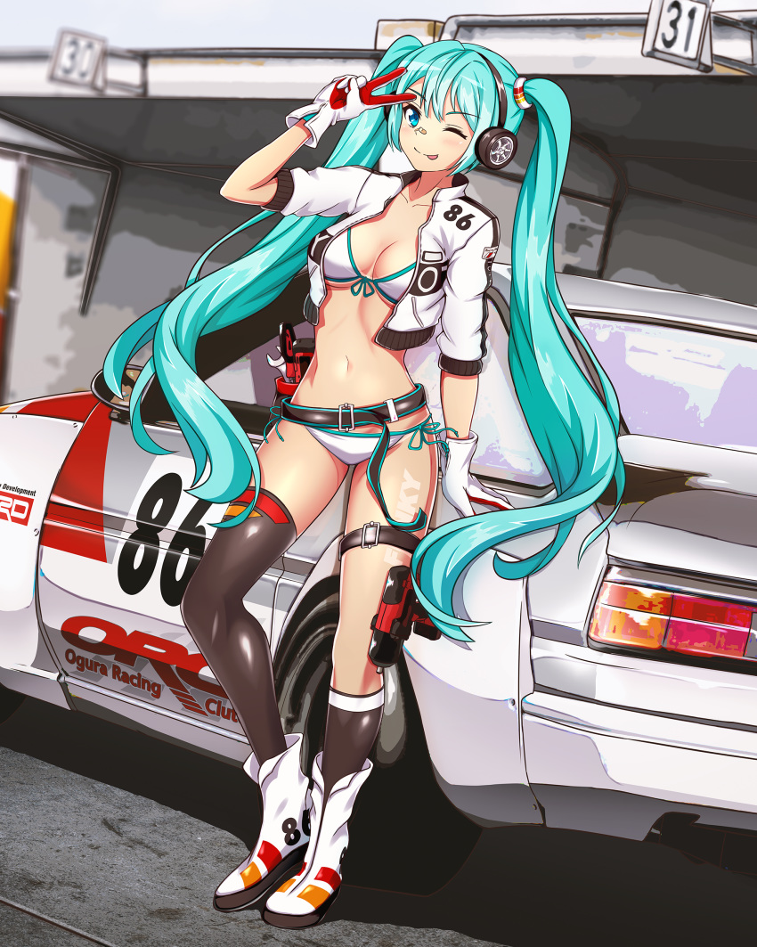 1girl, :p, absurdres, aqua_eyes, aqua_hair, bandaid, bandaid_on_nose, belt, bikini, black_legwear, blurry, blurry_background, boots, breasts, car, front-tie_bikini, front-tie_top, funkygarage, gloves, ground_vehicle, hatsune_miku, headphones, highres, kneehighs, long_hair, medium_breasts, motor_vehicle, navel, one_eye_closed, racequeen, side-tie_bikini, single_kneehigh, single_thighhigh, solo, swimsuit, thigh-highs, thigh_strap, tongue, tongue_out, twintails, v, very_long_hair, vocaloid, white_bikini, white_gloves, wrench