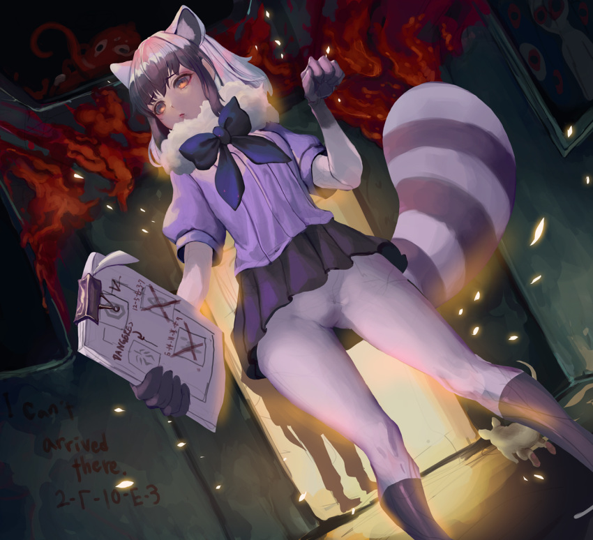 1girl, :/, animal_ears, arai-san_mansion, backlighting, baekyawh, binder_clip, blue_bow
