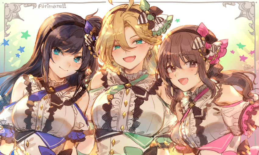 3girls, black_hair, blonde_hair, blue_eyes, blush, brown_hair, character_request, english_text