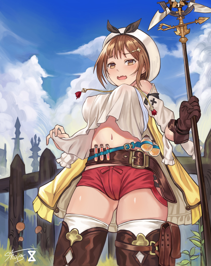 1girl, absurdres, atelier_(series), atelier_ryza, belt, blue_belt, blue_sky, breasts