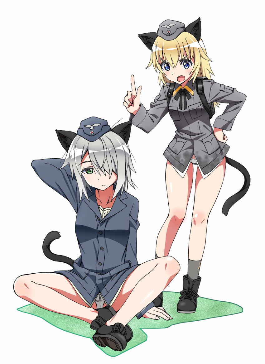 2girls, animal_ears, backpack, bag, bare_legs, black_footwear, blonde_hair, blue_eyes, boots, brush, cat_ears, cat_tail, commentary_request, elfriede_schreiber, full_body, garrison_cap, green_eyes, grey_hair, hair_over_one_eye, hat, helma_lennartz, highres, kogarashi51, long_hair, long_sleeves, military, military_uniform, multiple_girls, neck_ribbon, no_pants, open_mouth, panties, ribbon, sitting, standing, tail, underwear, uniform, white_background, white_panties, world_witches_series