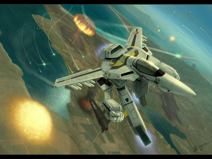 choujikuu_yousai_macross, deligaris, explosion, flying, gerwalk, gun, gunpod, macross