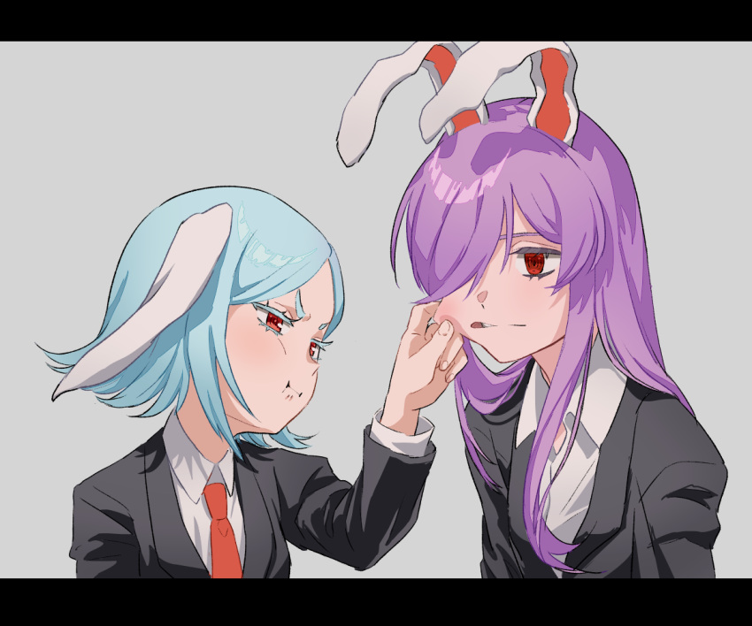 2girls, animal_ears, blazer, blue_hair, cheek_pinching, collared_shirt, colored_eyelashes, grey_background, hair_over_one_eye, jacket, letterboxed, long_hair, long_sleeves, multiple_girls, necktie, pinching, pout, purple_hair, rabbit_ears, red_eyes, red_neckwear, reisen, reisen_udongein_inaba, shirt, short_hair, simple_background, tokono_touhi, touhou, upper_body, white_shirt