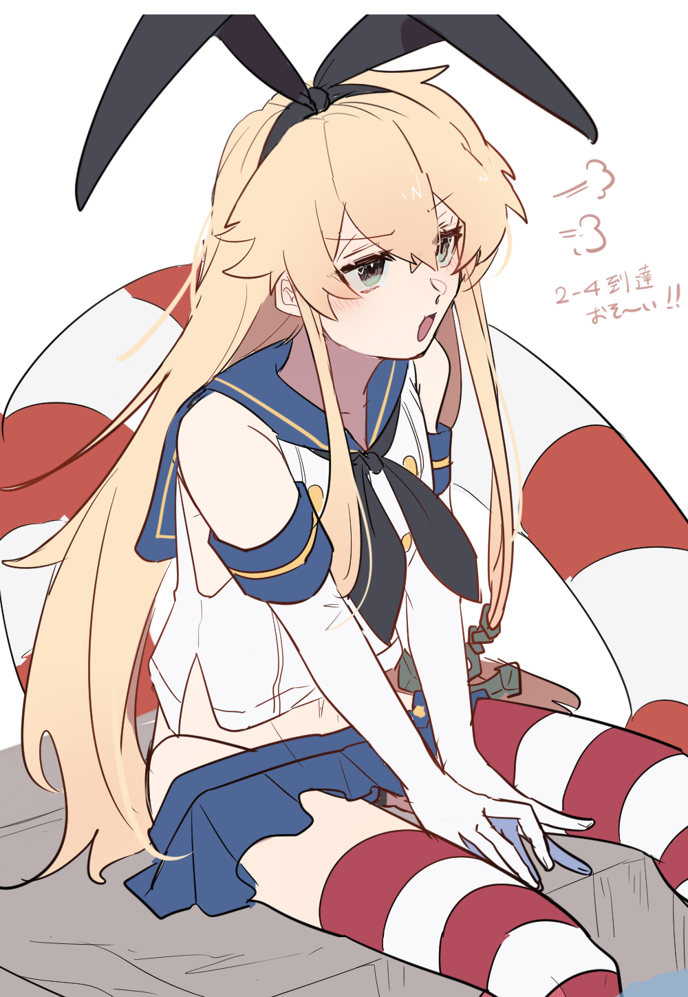 1girl, anchor_hair_ornament, black_hairband, black_neckwear, black_panties, blonde_hair, blue_sailor_collar, blue_skirt