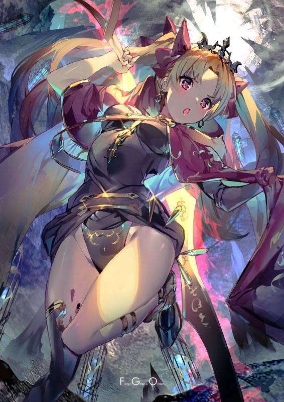 1girl, aguy, asymmetrical_legwear, asymmetrical_sleeves, bangs, between_breasts, birdcage, black_leotard, blonde_hair, blush, bow, breasts, cage, cape, detached_collar, earrings, ereshkigal_(fate/grand_order), fate/grand_order, fate_(series), gold_trim, hair_bow, hoop_earrings, infinity, jewelry, leotard, long_hair, long_sleeves, looking_at_viewer, medium_breasts, meslamtaea_(weapon), necklace, open_mouth, parted_bangs, red_cape, red_eyes, single_sleeve, single_thighhigh, skull, solo, spine, thigh-highs, thighs, tiara, two_side_up, weapon