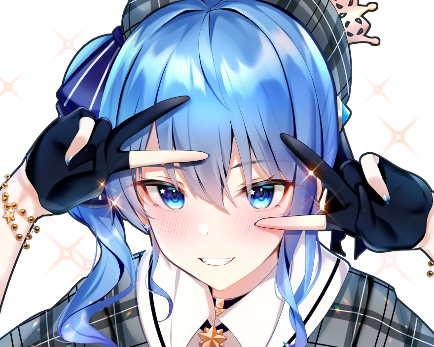 1girl, ahoge, bangs, bead_bracelet, beads, black_choker, black_gloves, blue_eyes