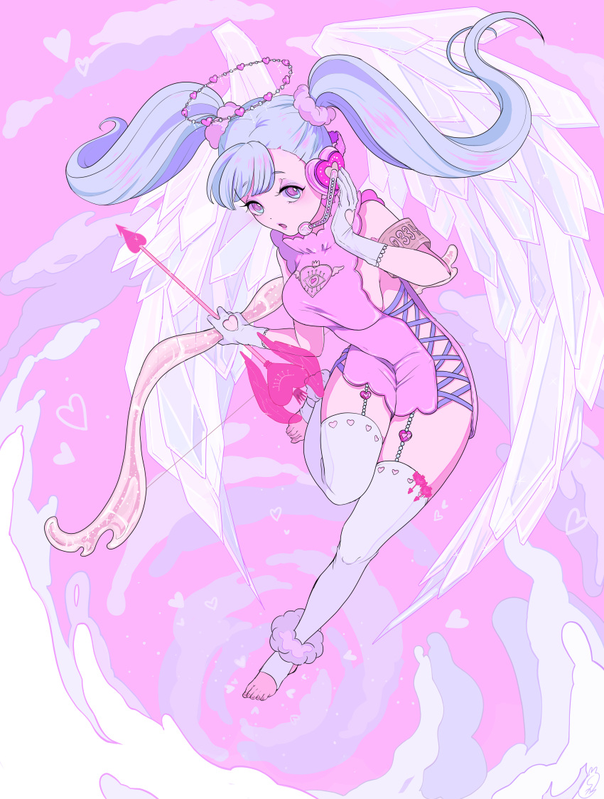1girl, absurdres, angel, angel_wings, armband, bangs, bow_(weapon), breasts, clouds, commentary_request, cross-laced_clothes, dress, eyeball, eyebrows_visible_through_hair, full_body, garter_straps, gloves, halo, hand_on_headwear, headset, heart, heart_arrow, heart_cutout, highres, holding, holding_bow_(weapon), holding_weapon, lace, lace-trimmed_gloves, leg_up, light_blue_eyes, light_blue_hair, microphone, no_shoes, open_mouth, original, pastel_colors, pink_dress, pink_sky, shizukatou22, short_dress, short_twintails, sideboob, twintails, weapon, white_gloves, white_legwear, wings
