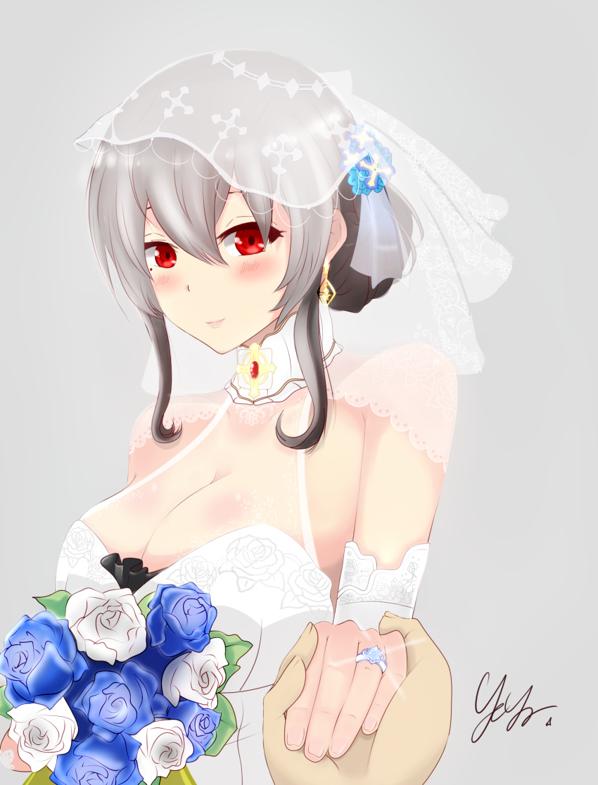 1girl, azur_lane, bare_shoulders, breasts, bridal_veil, cross, dress, earrings, flower, grey_background, grey_hair, hair_flower, hair_ornament, highres, holding_hand, jewelry, large_breasts, portrait, red_eyes, ring, saint-louis_(azur_lane), see-through, simple_background, veil, wedding, wedding_dress, wedding_ring, white_dress, yeya