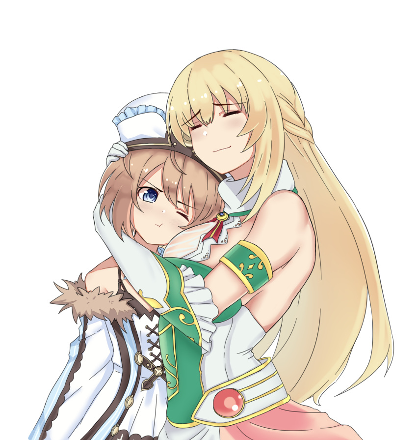 2girls, absurdres, bare_shoulders, blanc, blonde_hair, blue_eyes, breasts, brown_hair