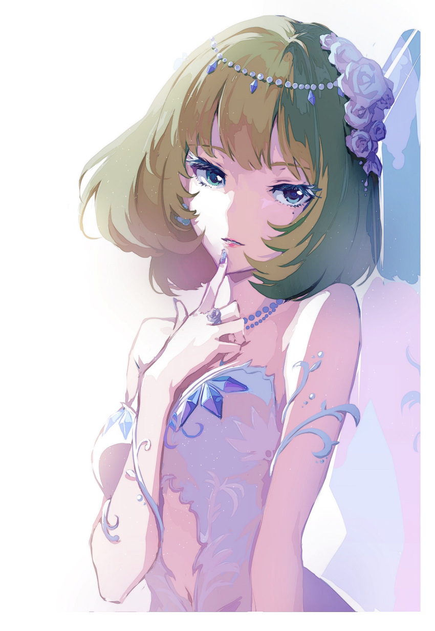 1girl, bangs, blue_eyes, blue_nails, canon_(aria), eyebrows_visible_through_hair, finger_to_mouth, green_hair