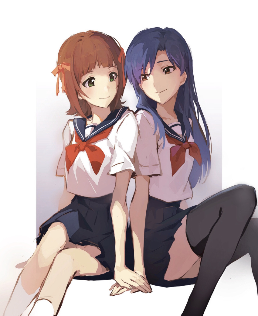 2girls, amami_haruka, black_legwear, blue_hair, blue_sailor_collar, blue_skirt, brown_eyes, brown_hair