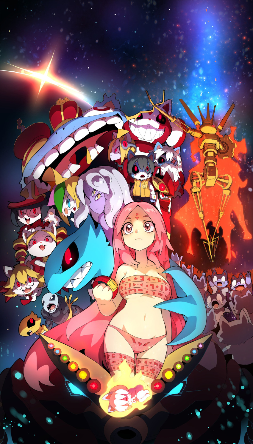 2girls, absurdres, alien, bandeau, bikini, breasts, cat, extra_eyes, facial_mark, forehead_mark, galaxy!, gryphon_(kim_dowon), highres, long_hair, midriff, monster, monster_girl, multiple_girls, navel, official_art, pink_eyes, pink_hair, purple_skin, strapless, strapless_bikini, swimsuit, tentacle_hair, tubetop