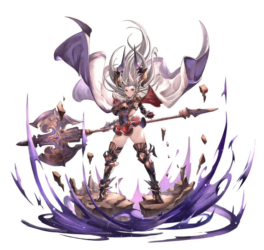 1girl, ass_visible_through_thighs, axe, bangs, boots, breasts, cape, closed_mouth